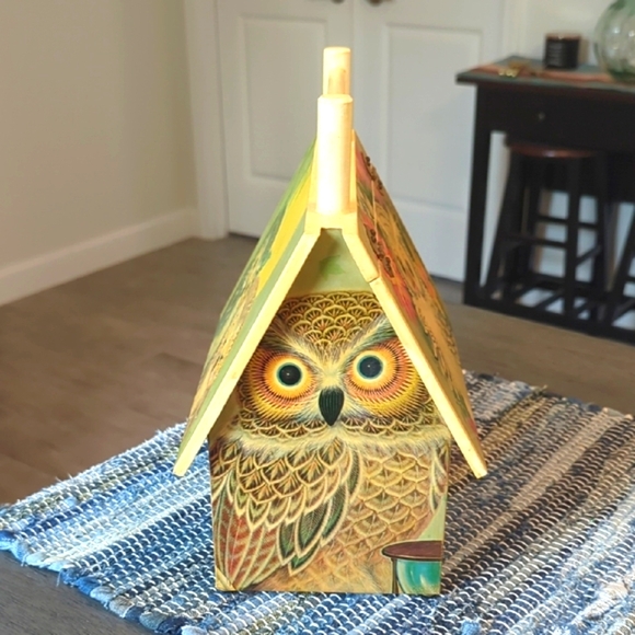 Vintage "K Chin", Wooden Owl Decorative Box Floral Design, - Picture 3 of 11